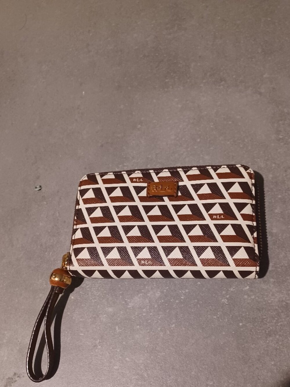 Ralph Lauren Leather Romilly Tile Tech  Zip Wallet Brown & Cream